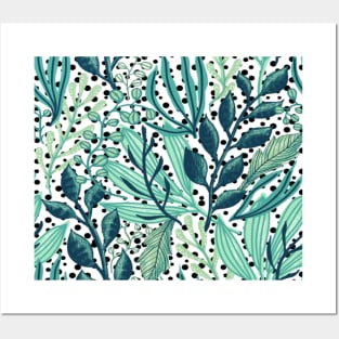 Green Leaves and Polka Dot Pattern Posters and Art